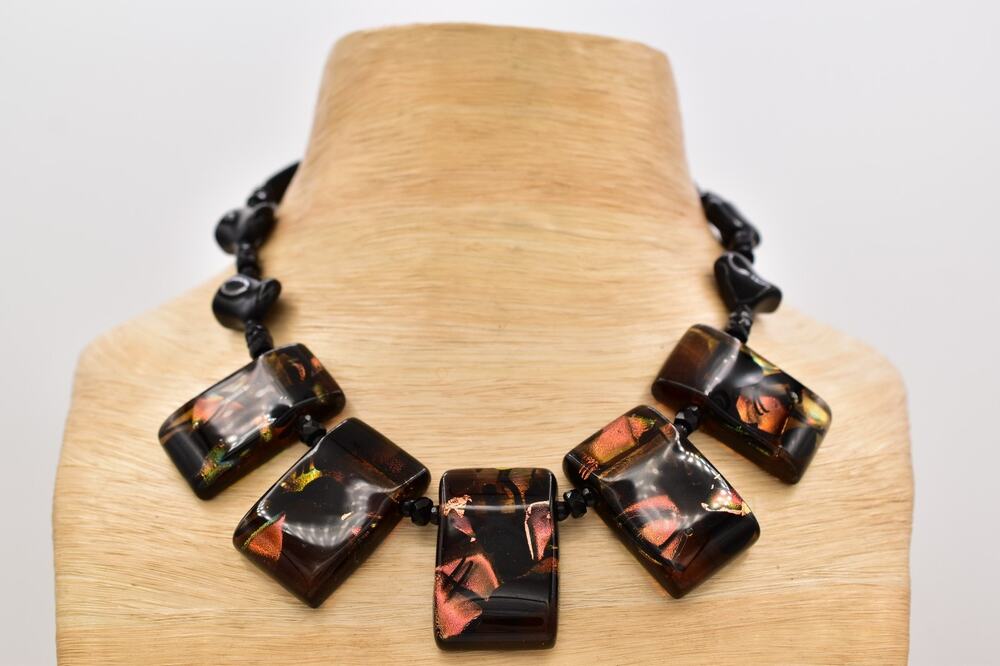 Vintage Murano Glass Statement Necklace Black Flamingo Pink Heavy Chunky BinBN